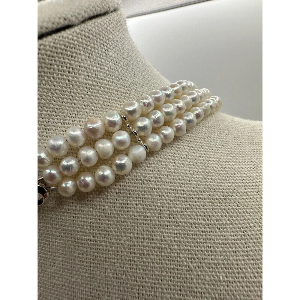 Triple-Strand Freshwater Pearl Collar, 925 sterling silver, White natural pearl